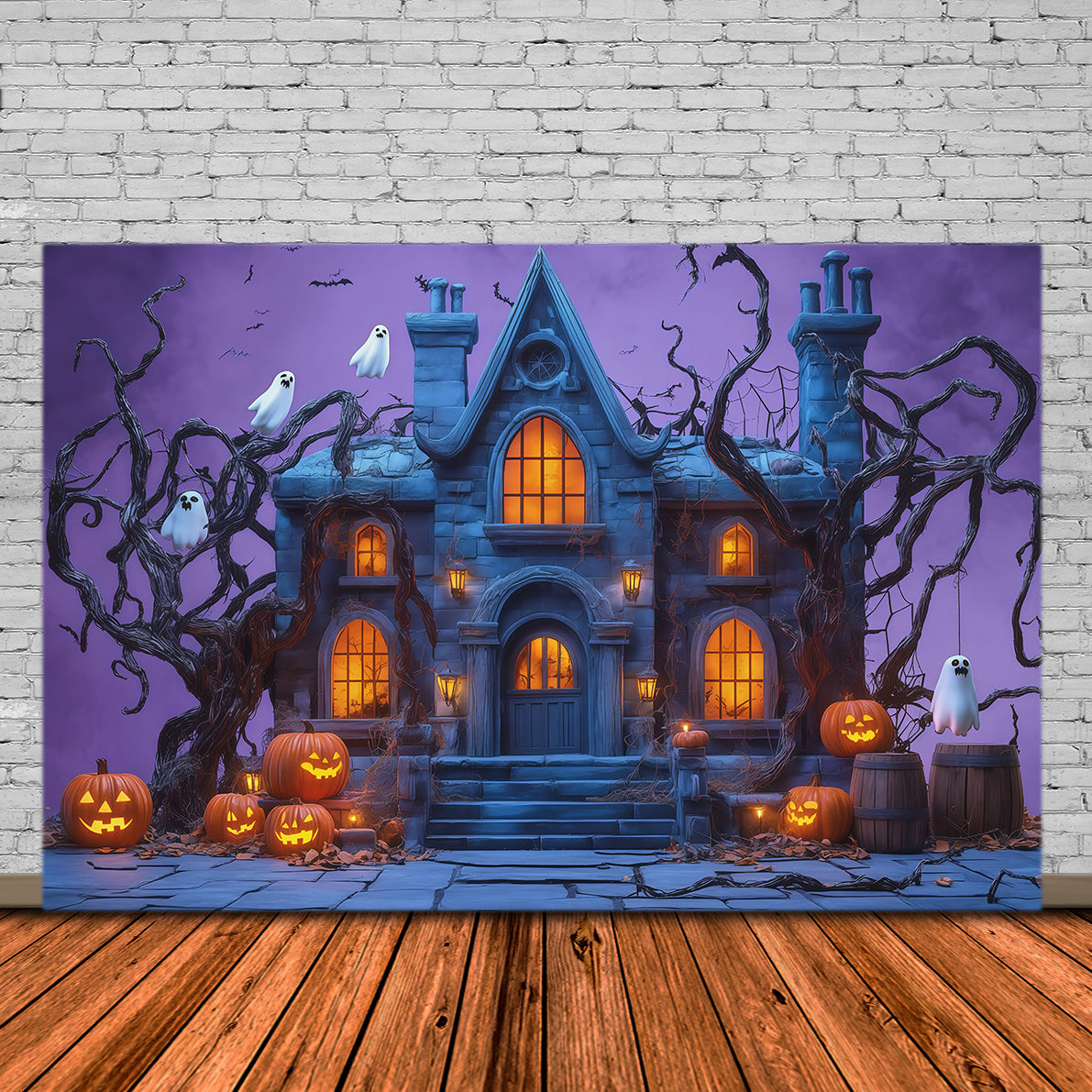 Décor De Scène D'Halloween Manoir Hanté Avec Citrouille Fantomatique RR67-145