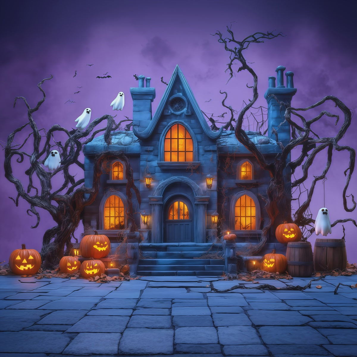 Décor De Scène D'Halloween Manoir Hanté Avec Citrouille Fantomatique RR67-145