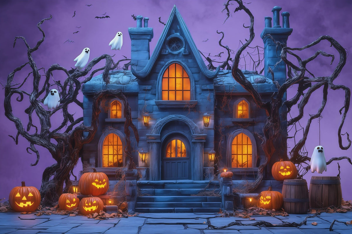 Décor De Scène D'Halloween Manoir Hanté Avec Citrouille Fantomatique RR67-145