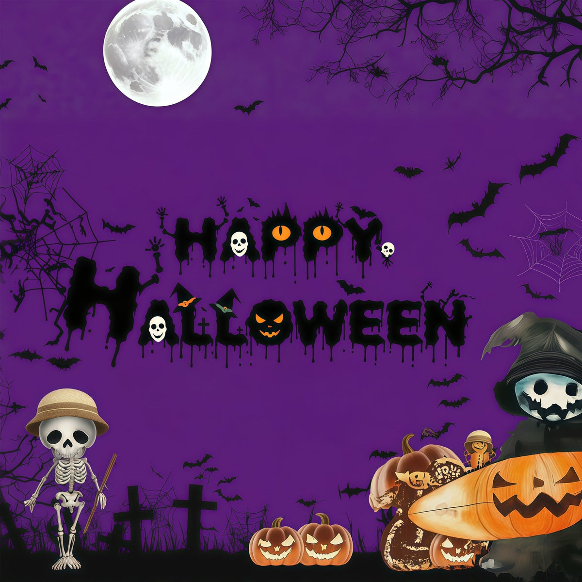 Idées De Décors Pour Photomaton D'Halloween Citrouille Squelette Violette Décor Photo De Nuit D'Halloween RR67-15