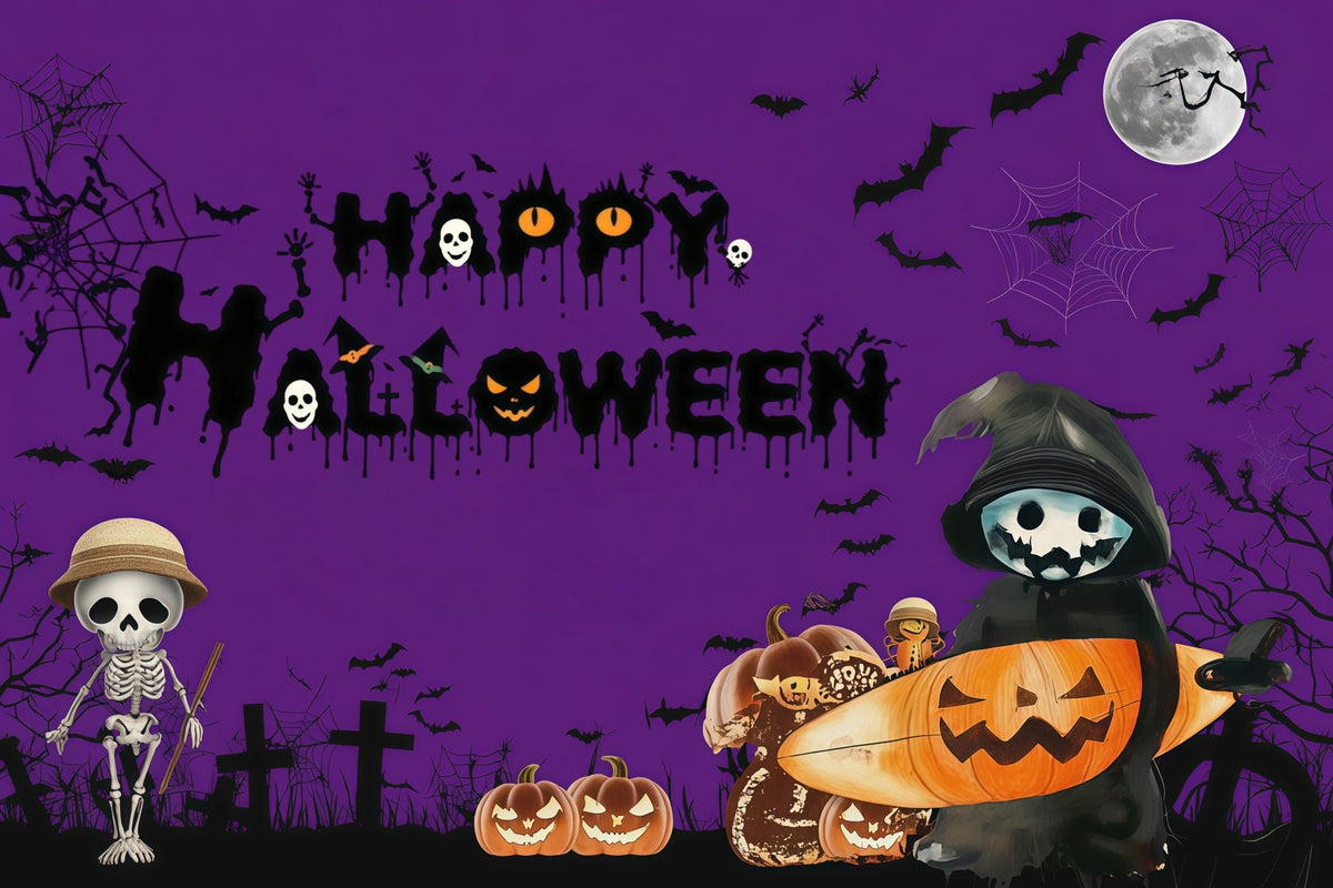 Idées De Décors Pour Photomaton D'Halloween Citrouille Squelette Violette Décor Photo De Nuit D'Halloween RR67-15