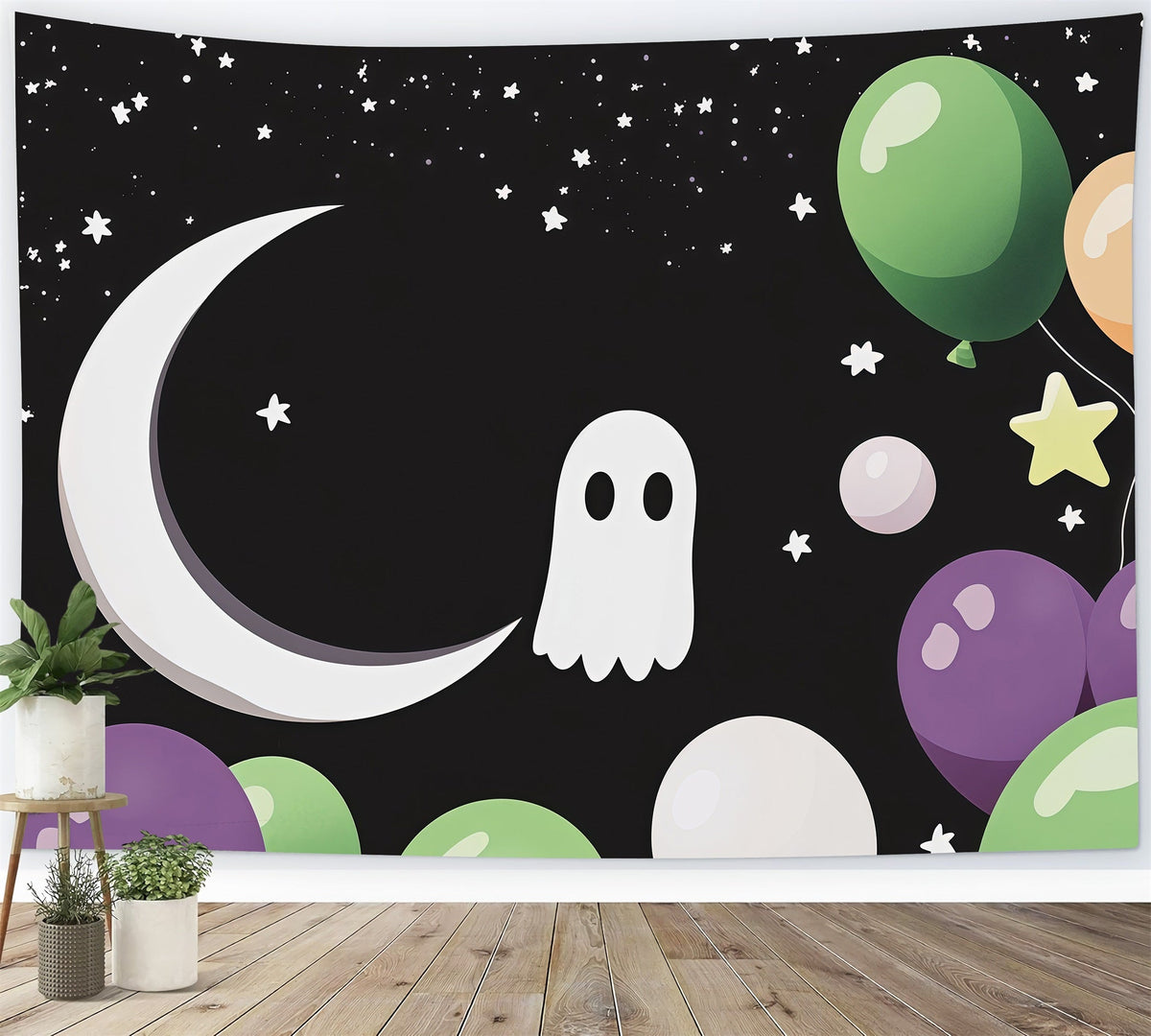 Décor De Fond Sur Le Thème D'Halloween Fantôme MignonLune Et Ballon Pour Photos RR67-153