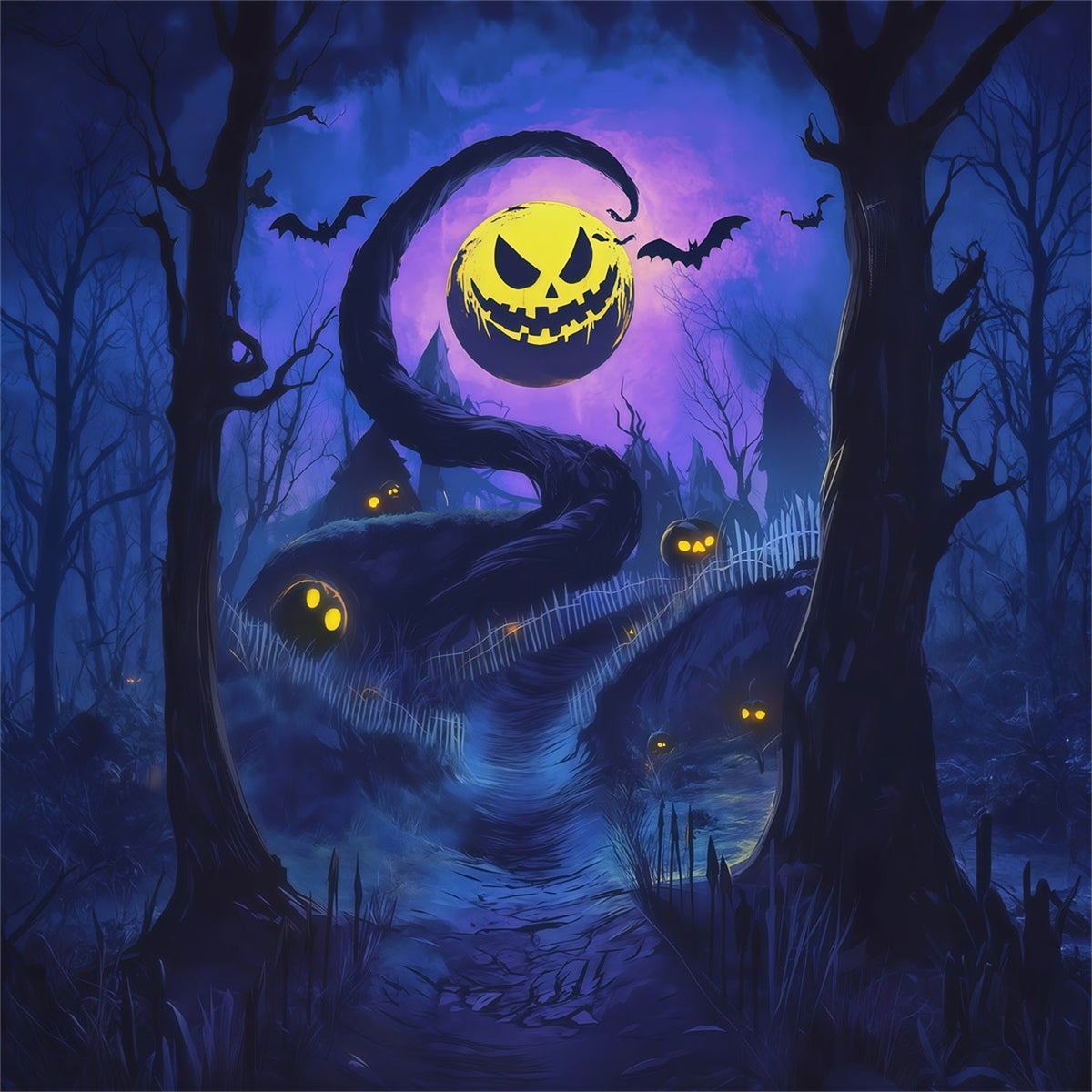 Décor De Fond Extérieur Pour Halloween Citrouilles Torsadées Et Sentier Lunaire Décor D'Halloween Effrayant RR67-158