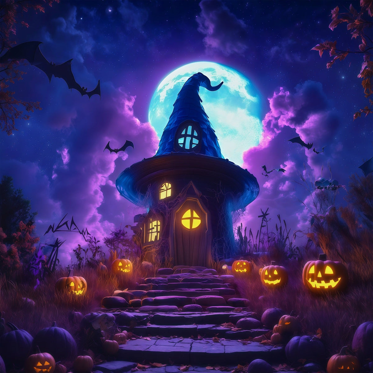Décor De Château D'Halloween Maison De Sorcière Au Clair De Lune Citrouilles Grand Décor D'Halloween RR67-16