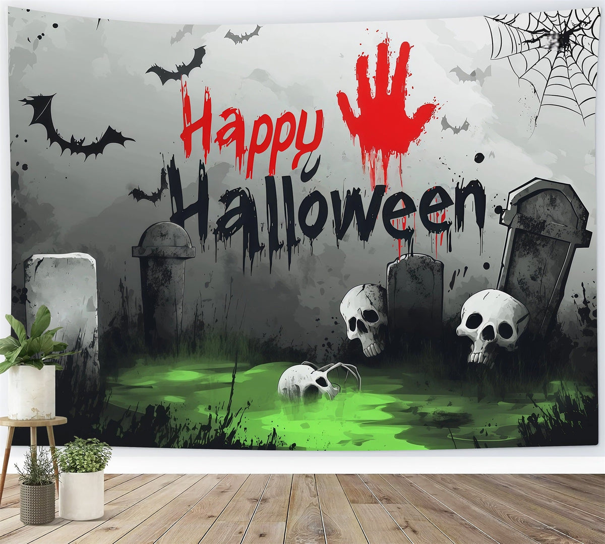 Fond Photo De Cimetière Avec Empreinte De Main Ensanglantée Et Crâne Pour Fête D'Halloween RR67-168