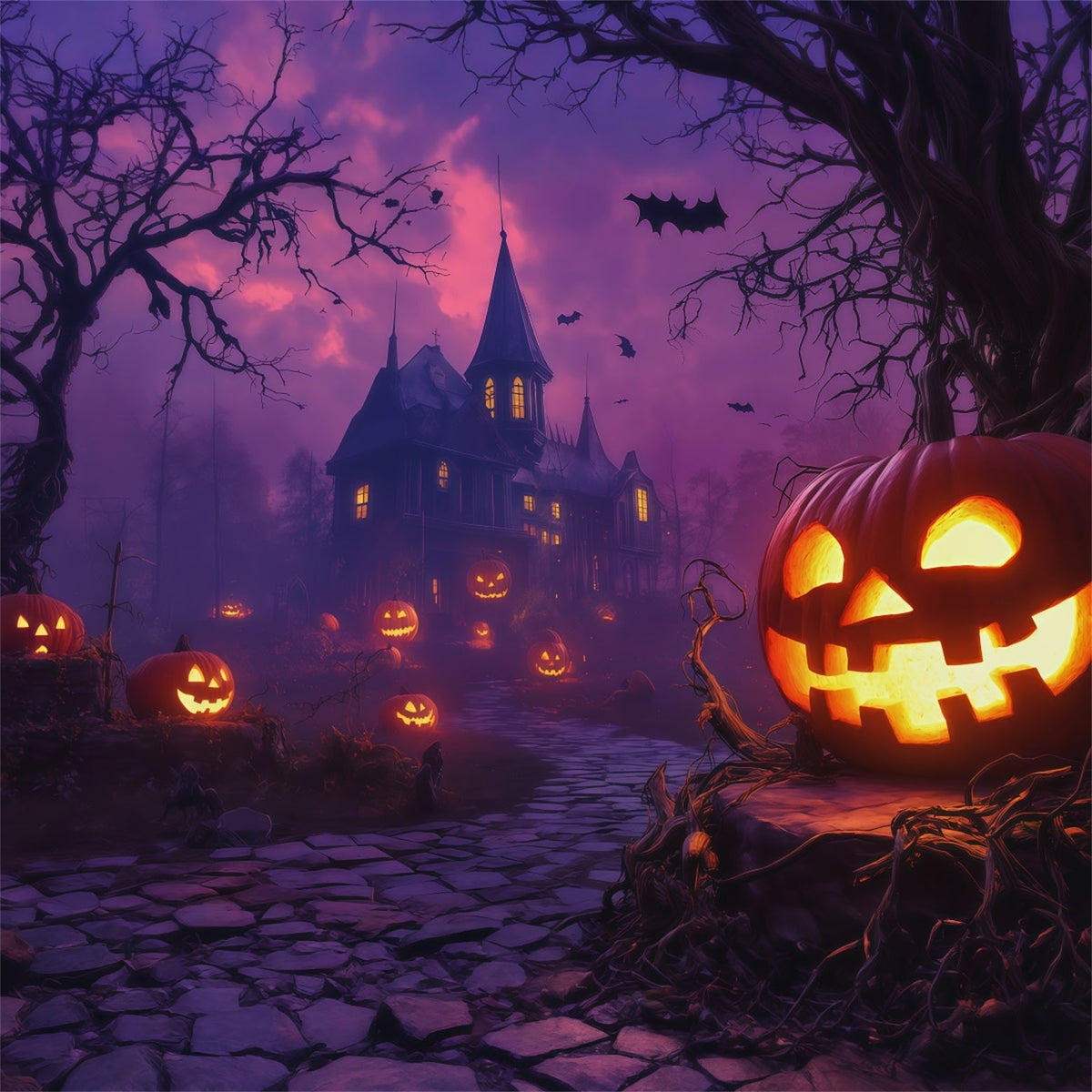 Fond De CitrouillesCiel VioletManoir HantéPhoto D'Halloween RR67-176