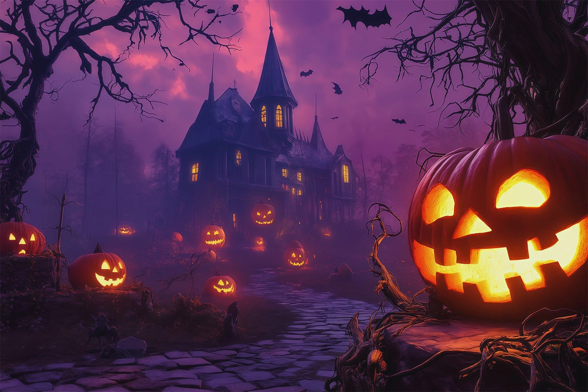 Fond De CitrouillesCiel VioletManoir HantéPhoto D'Halloween RR67-176