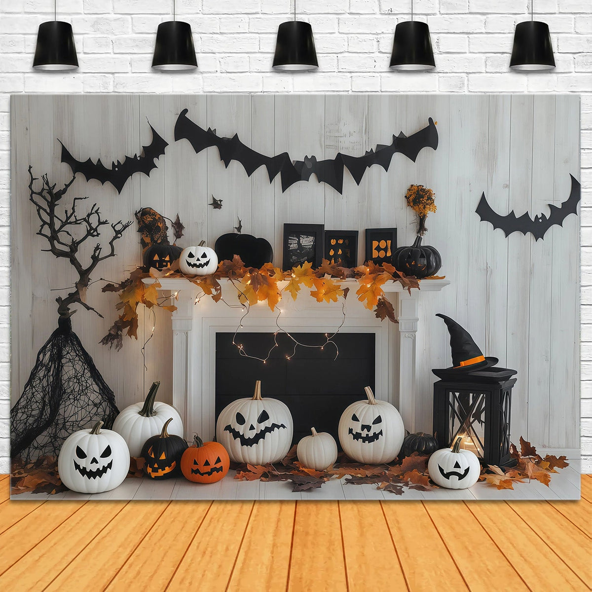 Décor De Cheminée Avec Citrouille Blanche Et Chauve-SourisToile De Fond Personnalisée Pour Halloween RR67-179