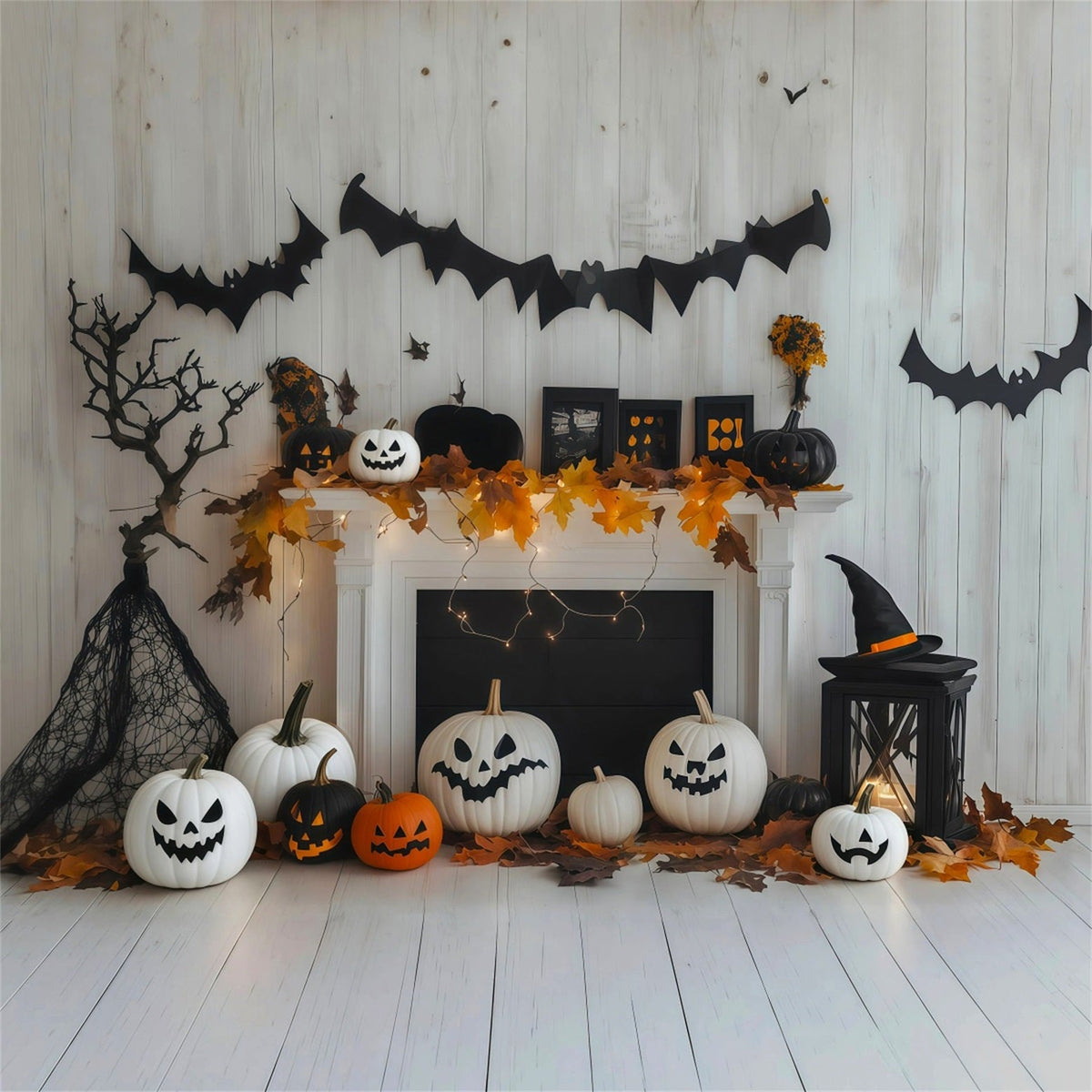 Décor De Cheminée Avec Citrouille Blanche Et Chauve-SourisToile De Fond Personnalisée Pour Halloween RR67-179