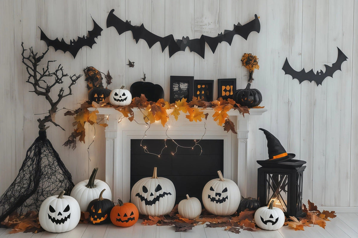 Décor De Cheminée Avec Citrouille Blanche Et Chauve-SourisToile De Fond Personnalisée Pour Halloween RR67-179