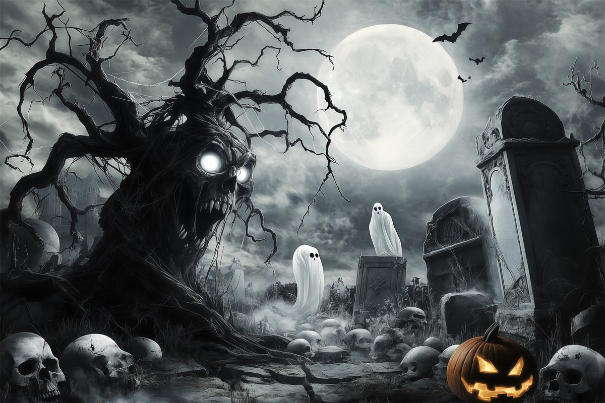 Décor De Cimetière Effrayant Pour Halloween Avec Crâne Fantomatique Et Arbre RR67-18