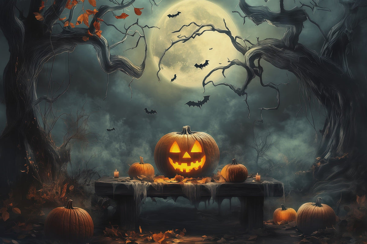 Décor D'Halloween Avec CitrouillesForêt Au Clair De LuneTable PhotomatonIdées De Décor D'Halloween RR67-180