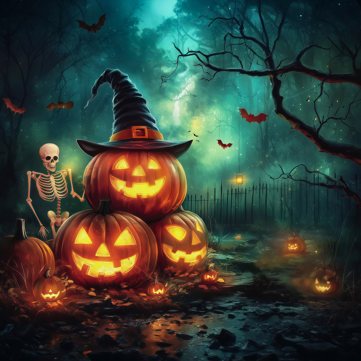 Décor De Fond Citrouille Sorcière Squelette Forêt Cabine Photo D'Halloween RR67-183