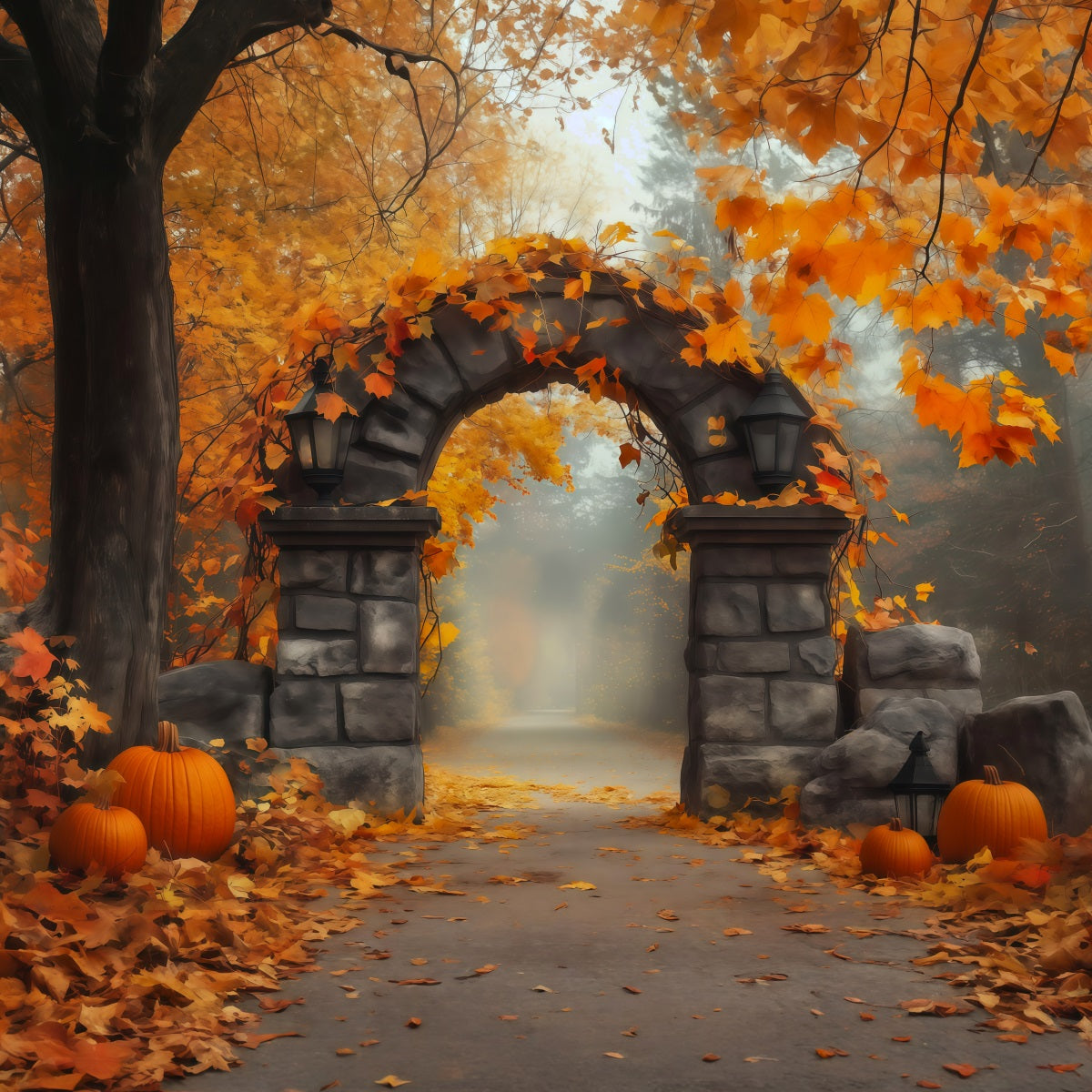 Décor D'Automne Avec Citrouilles Et Feuilles Portail En Pierre Toile De Fond Pour Photographie Halloween RR67-200