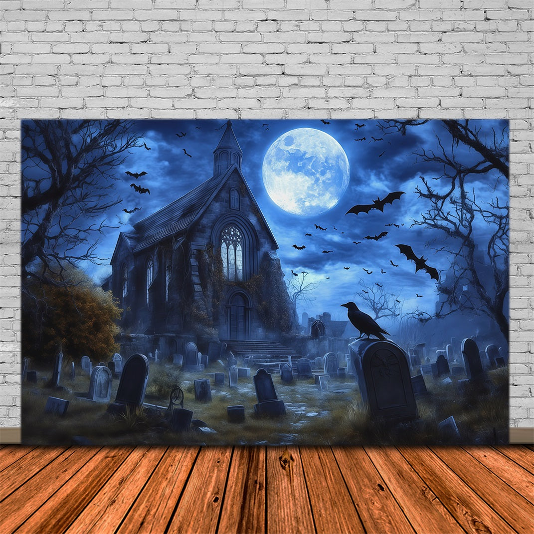 Décor De Cimetière D'Halloween Maison Gothique Éclairée Par La Lune Chauves-SourisDécor RR67-22
