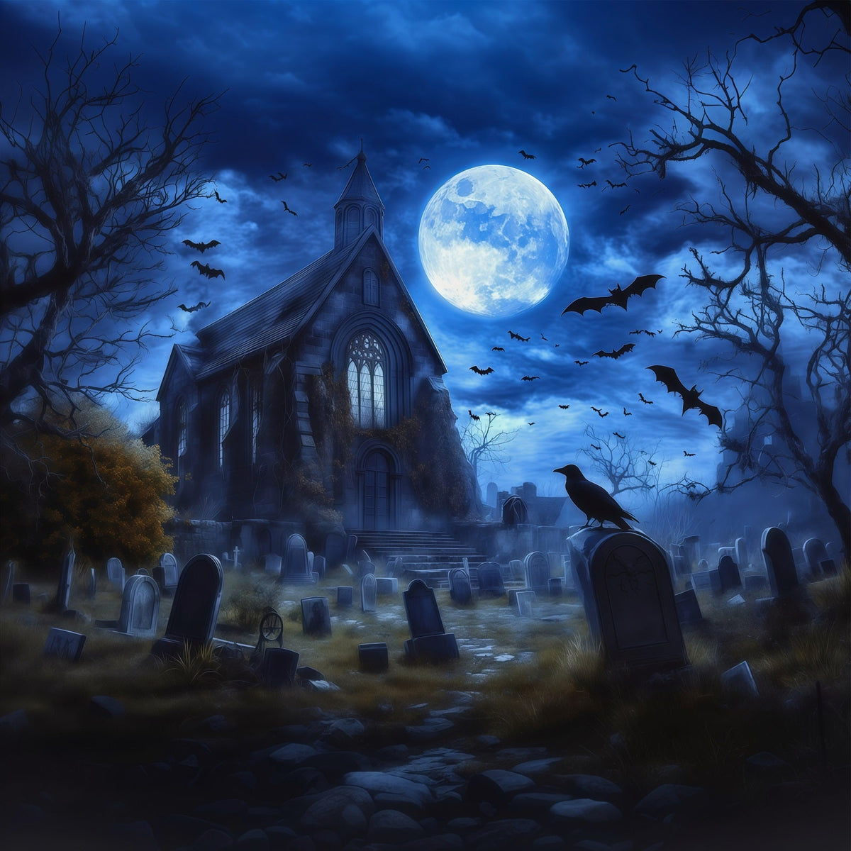 Décor De Cimetière D'Halloween Maison Gothique Éclairée Par La Lune Chauves-SourisDécor RR67-22