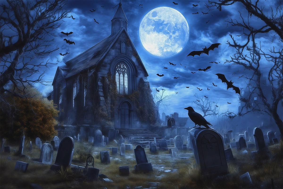 Décor De Cimetière D'Halloween Maison Gothique Éclairée Par La Lune Chauves-SourisDécor RR67-22
