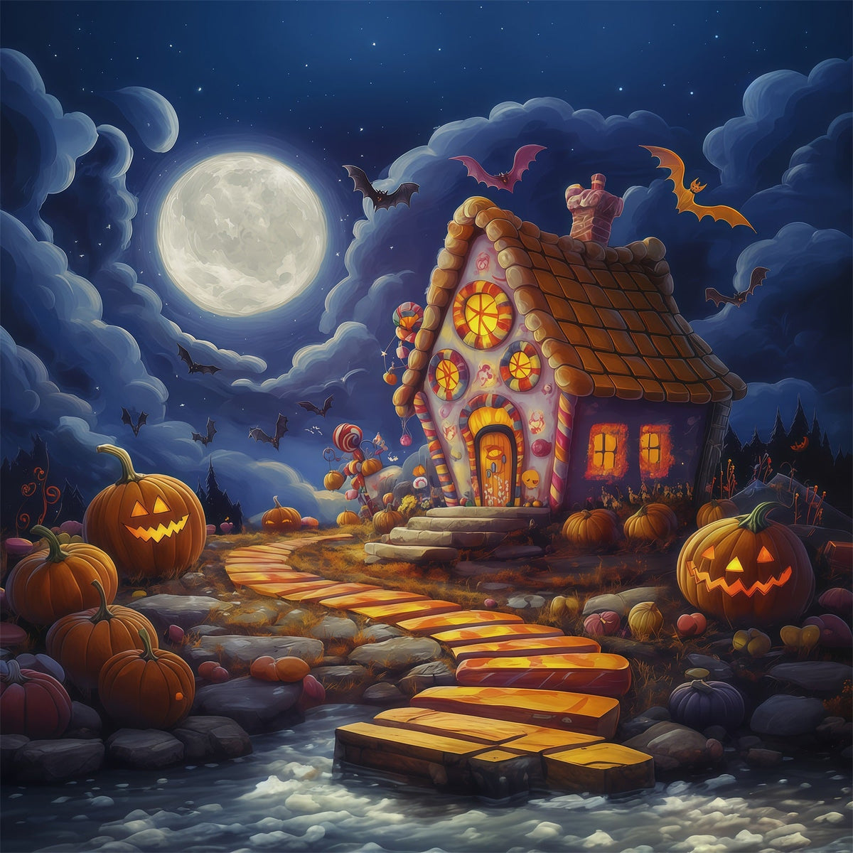 Décor D'Halloween Pour Photomaton Maison De Bonbons Au Clair De Lune Citrouilles Décor RR67-23