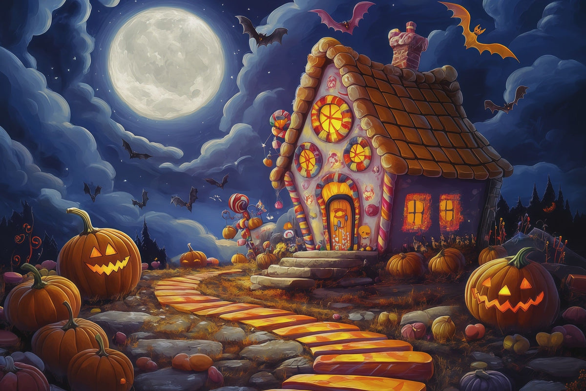 Décor D'Halloween Pour Photomaton Maison De Bonbons Au Clair De Lune Citrouilles Décor RR67-23