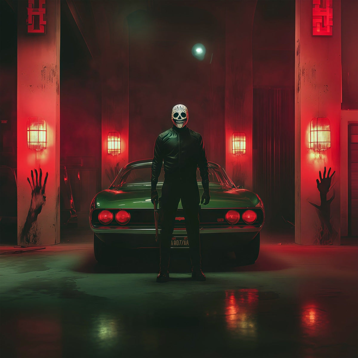 Décor De Garage Pour Halloween Voiture De Tueur Masquée Empreintes De Mains Ensanglantées RR67-25