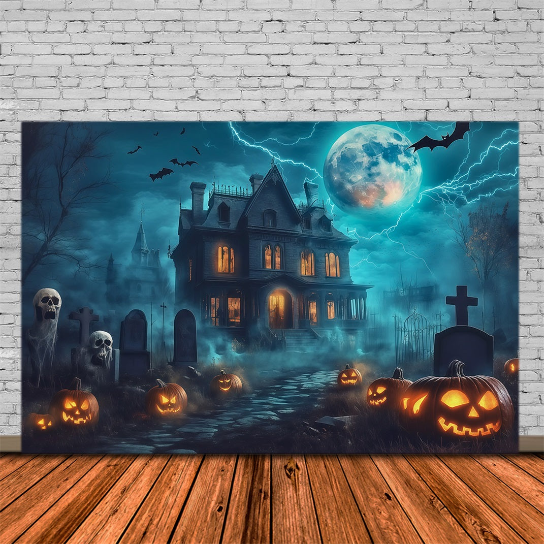 Décor De Maison D'Halloween Avec Éclairs Citrouilles Et Cimetière RR67-27
