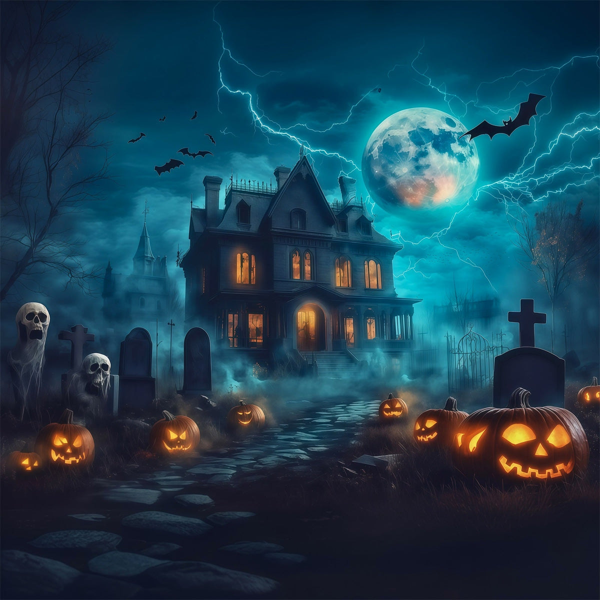 Décor De Maison D'Halloween Avec Éclairs Citrouilles Et Cimetière RR67-27