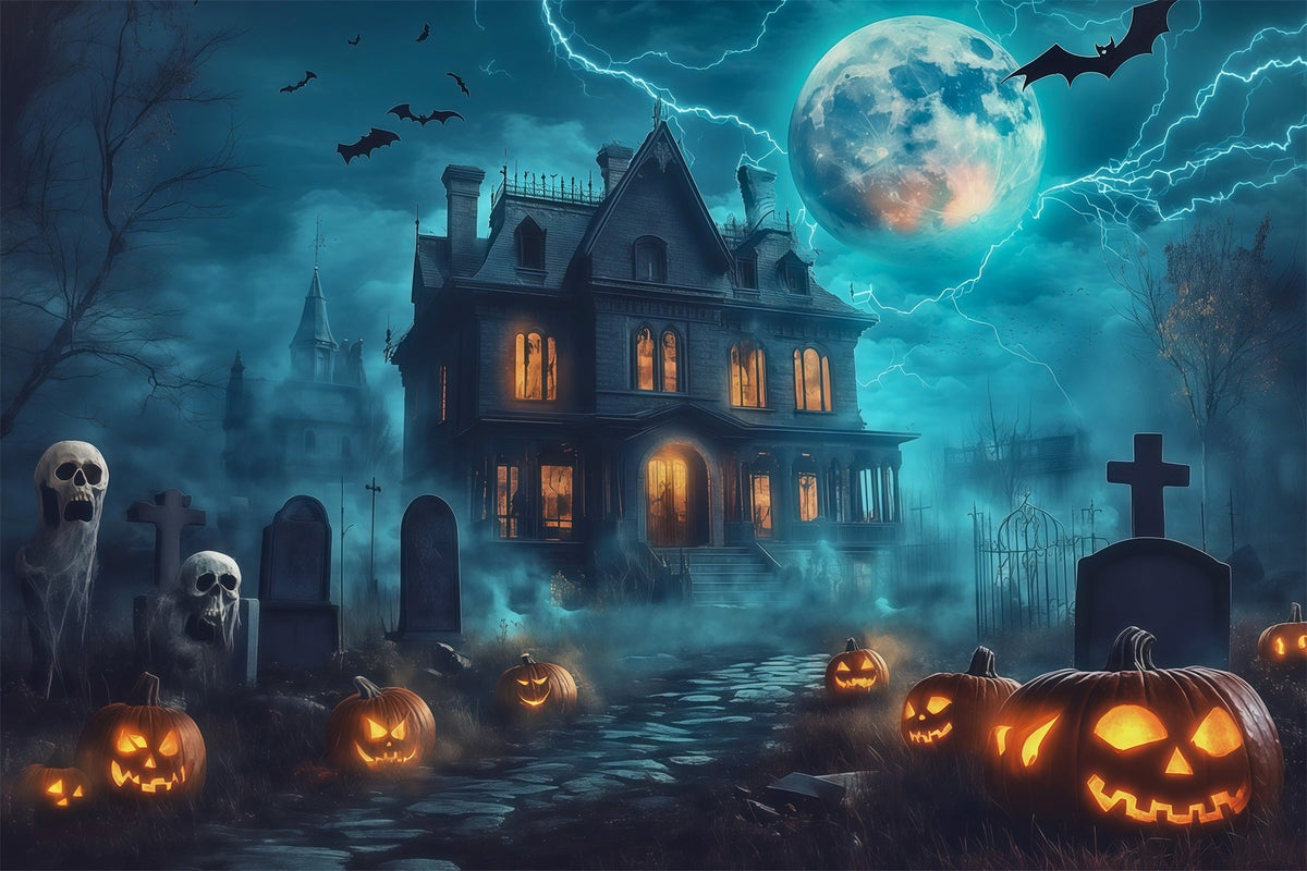 Décor De Maison D'Halloween Avec Éclairs Citrouilles Et Cimetière RR67-27