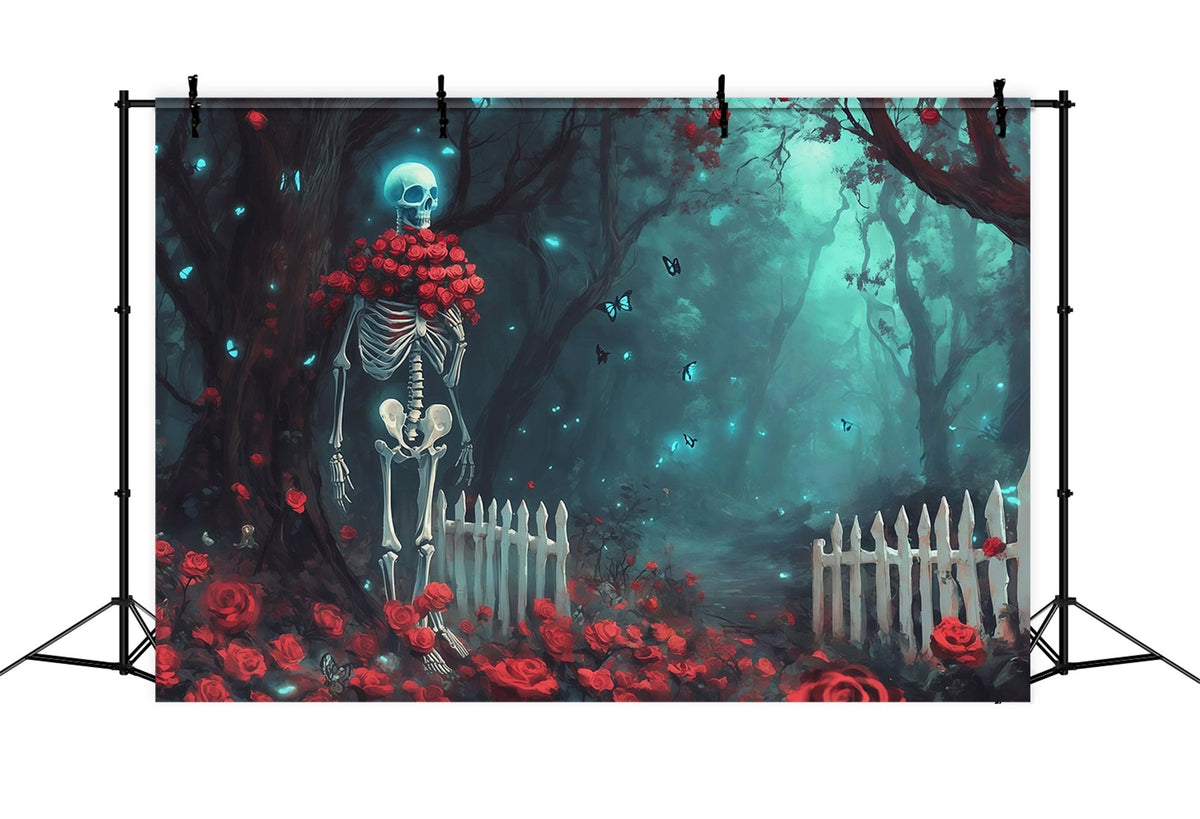 Toile De Fond En Tissu Pour Halloween Chemin Forestier De Roses Et Squelettes RR67-29