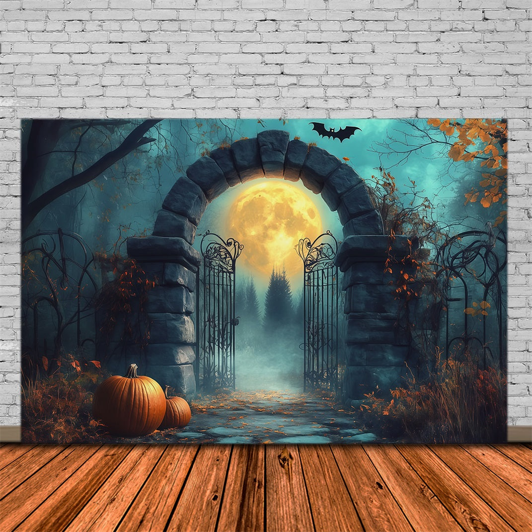 Arche D'Halloween En Toile De Fond Portail En Pierre Au Clair De Lune Citrouilles Grands Décors D'Halloween RR67-33