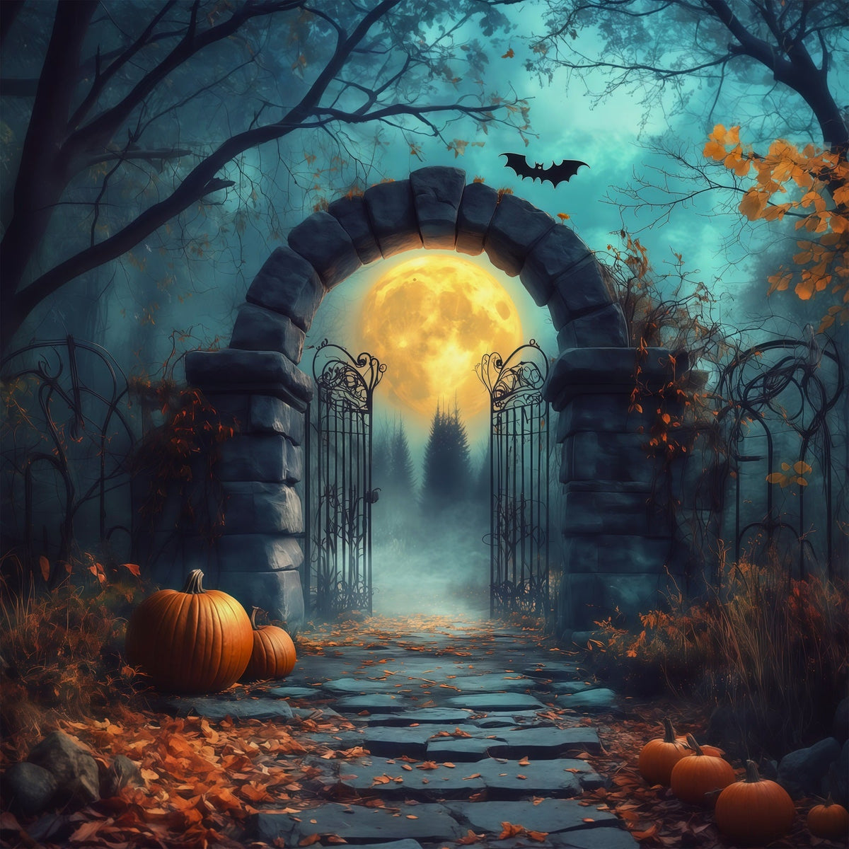 Arche D'Halloween En Toile De Fond Portail En Pierre Au Clair De Lune Citrouilles Grands Décors D'Halloween RR67-33