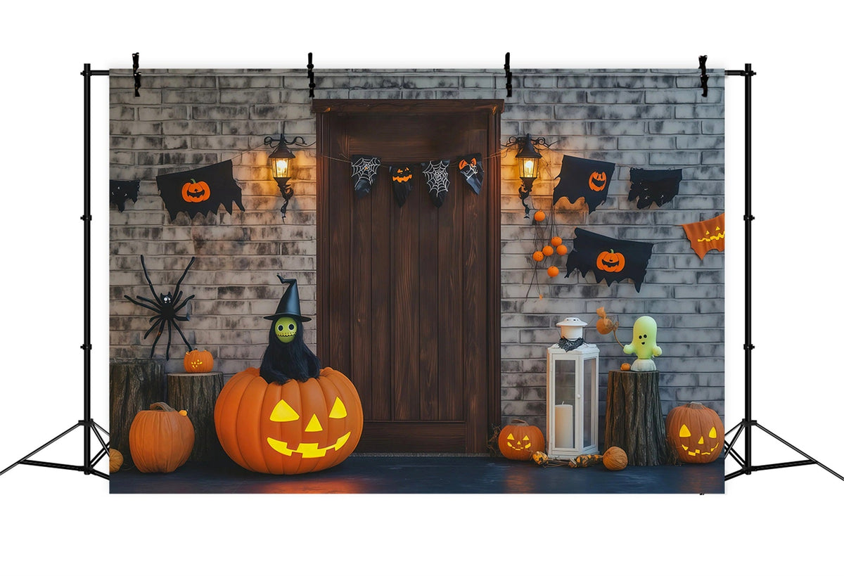 Décor De Porte En Briques Et Citrouilles Pour Photos D'Halloween RR67-4