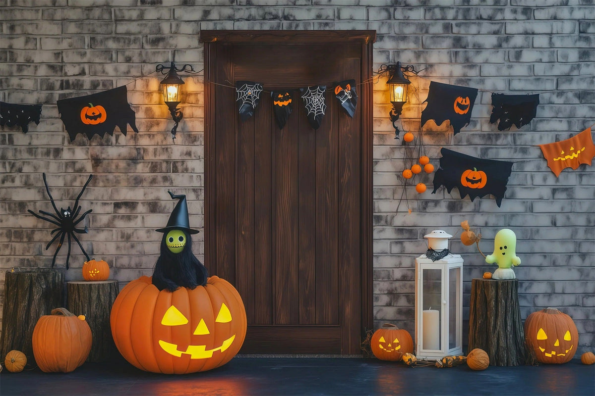 Décor De Porte En Briques Et Citrouilles Pour Photos D'Halloween RR67-4