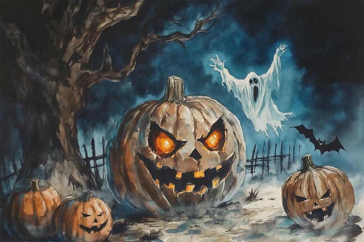Décor Photographique D'Halloween Aquarelle Citrouille Fantôme ArbreDécor Effrayant RR67-42