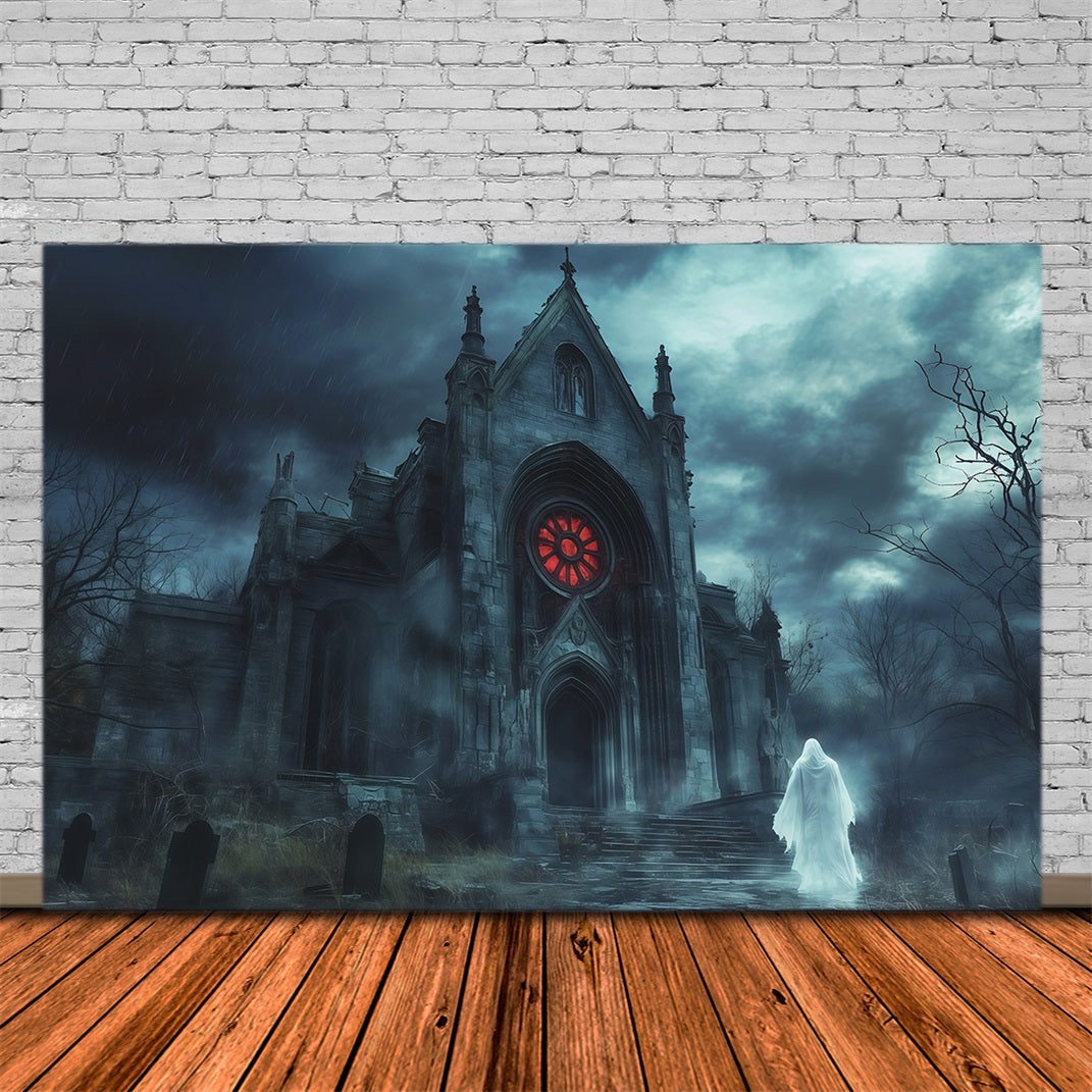 Idées De Décors Photo Pour Une Fête D'Halloween Chapelle Gothique Pluvieuse Avec Fantôme RR67-45