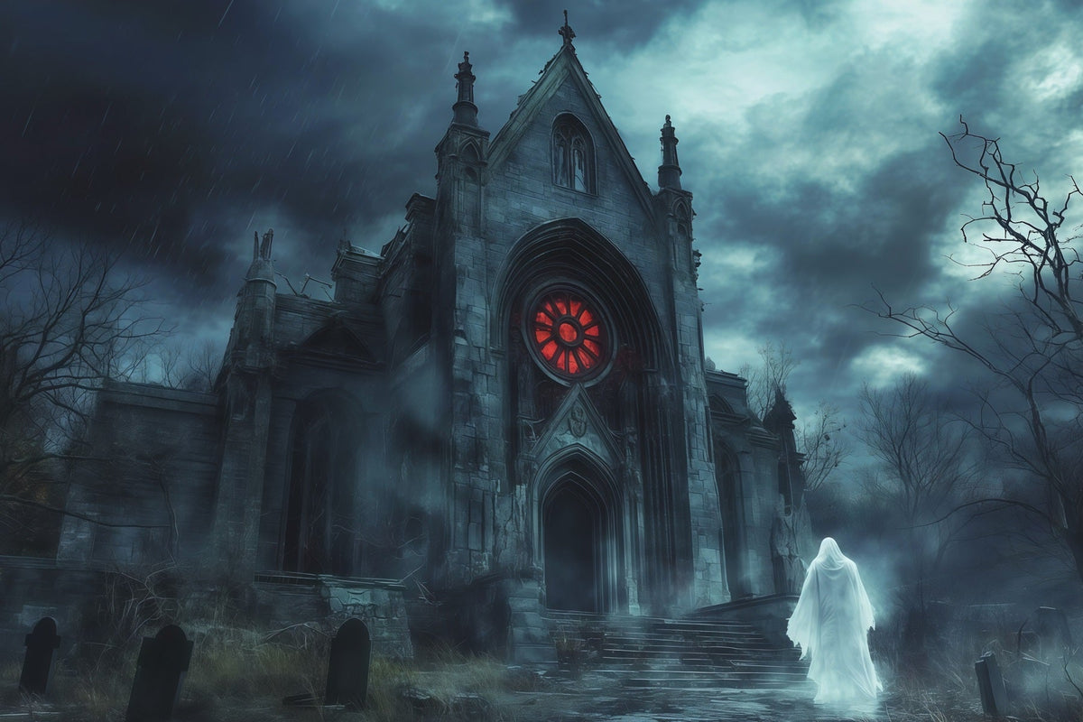 Idées De Décors Photo Pour Une Fête D'Halloween Chapelle Gothique Pluvieuse Avec Fantôme RR67-45