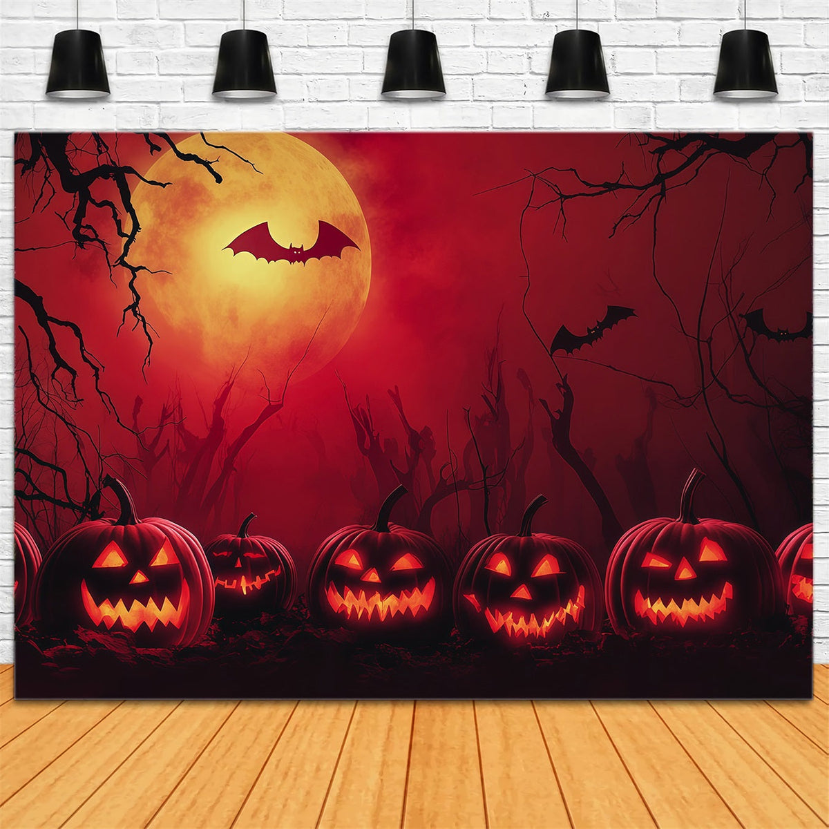 Décor D'Halloween Simple Avec Lune Rouge Citrouille Et Chauves-SourisTrès Grand Modèle RR67-48