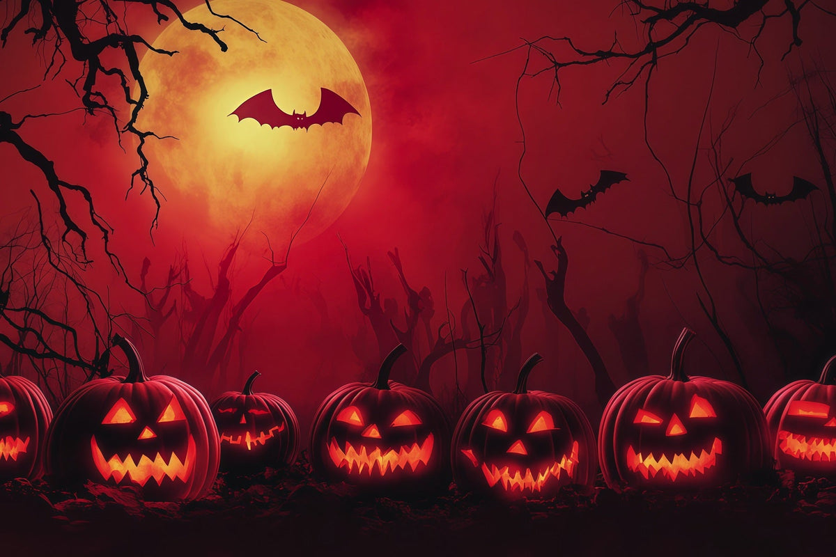 Décor D'Halloween Simple Avec Lune Rouge Citrouille Et Chauves-SourisTrès Grand Modèle RR67-48
