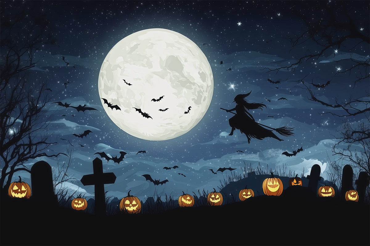 Décor De Lune D'Halloween Cimetière De Sorcières Au Clair De Lune Citrouilles Décors Photo D'Halloween RR67-58