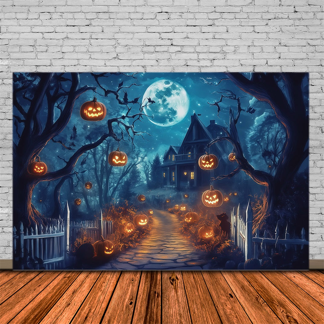 Décor Extérieur D'Halloween Avec Maison Et Citrouilles Éclairées Au Clair De LuneRR67-61