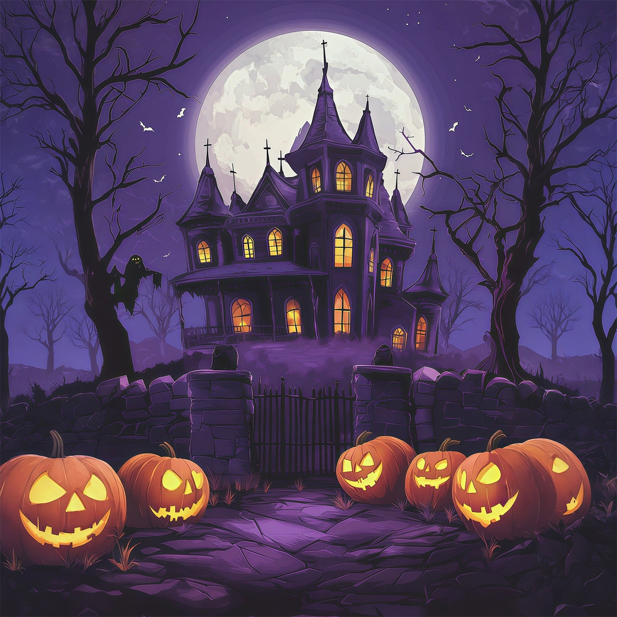 Décor De Château D'Halloween Manoir De La Lune Violette Citrouilles Grand Décor D'Halloween RR67-66