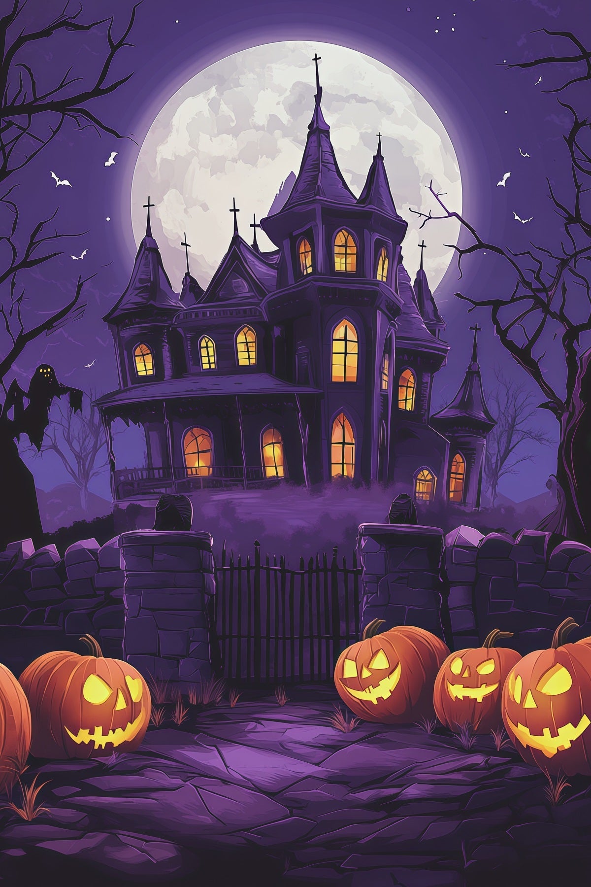 Décor De Château D'Halloween Manoir De La Lune Violette Citrouilles Grand Décor D'Halloween RR67-66