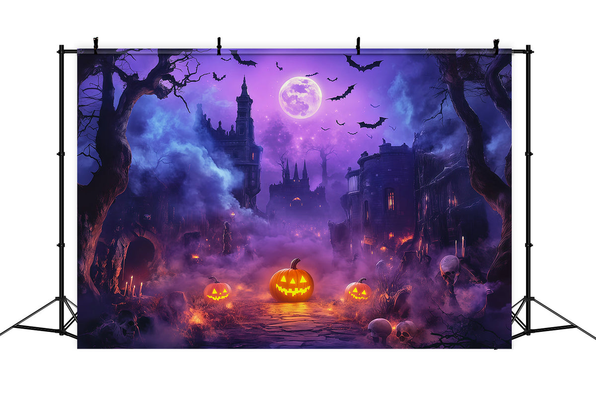 Décor Photo Extérieur D'Halloween Château De Citrouilles Et Lune Violettes RR67-71