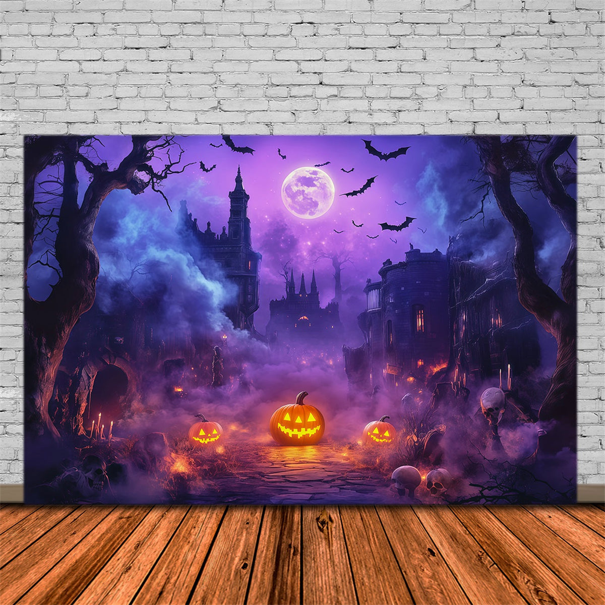 Décor Photo Extérieur D'Halloween Château De Citrouilles Et Lune Violettes RR67-71