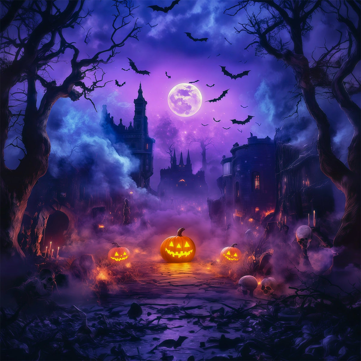 Décor Photo Extérieur D'Halloween Château De Citrouilles Et Lune Violettes RR67-71