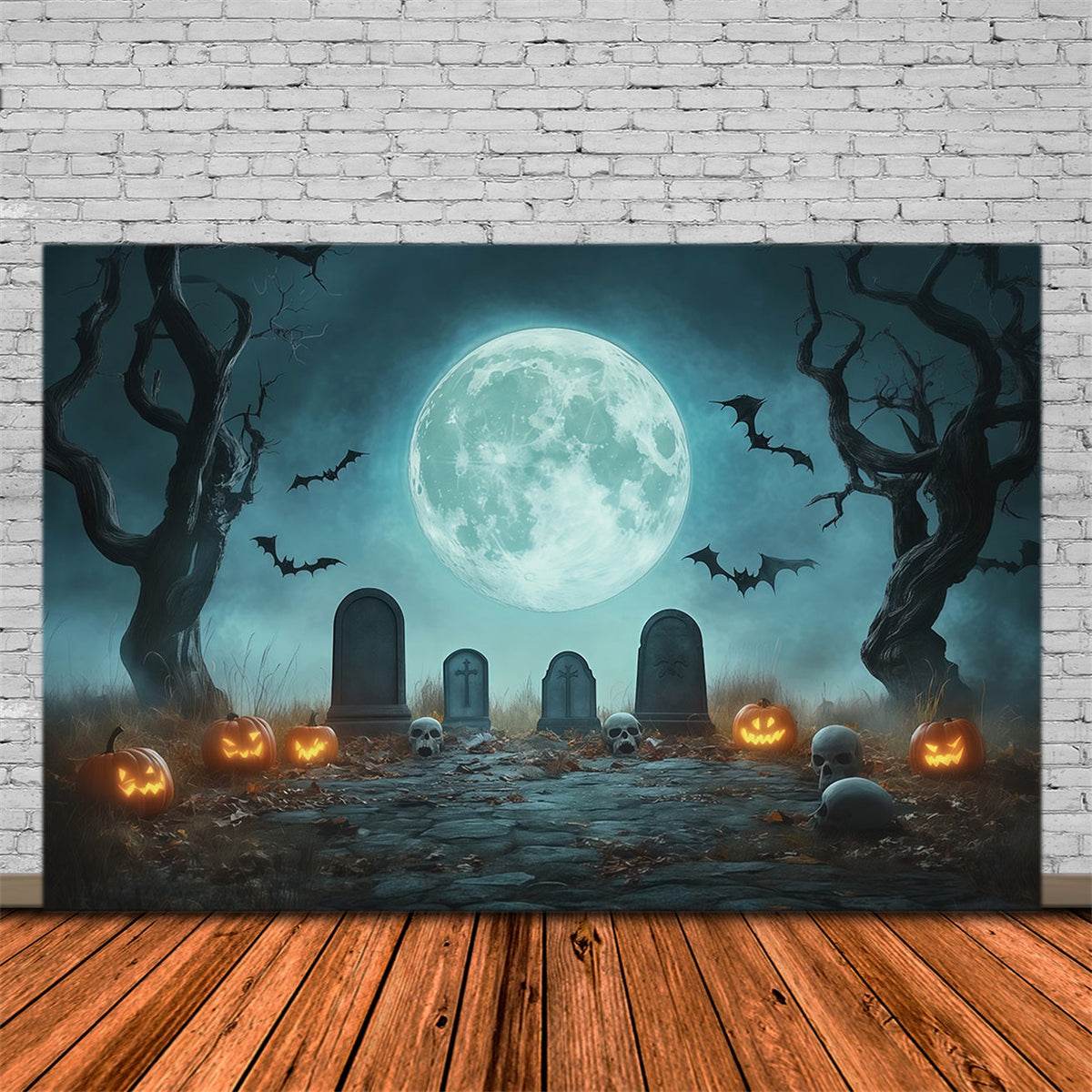 Décor De Cimetière D'Halloween Avec Citrouilles Au Clair De LuneChemin De Cimetière Cabine RR67-72
