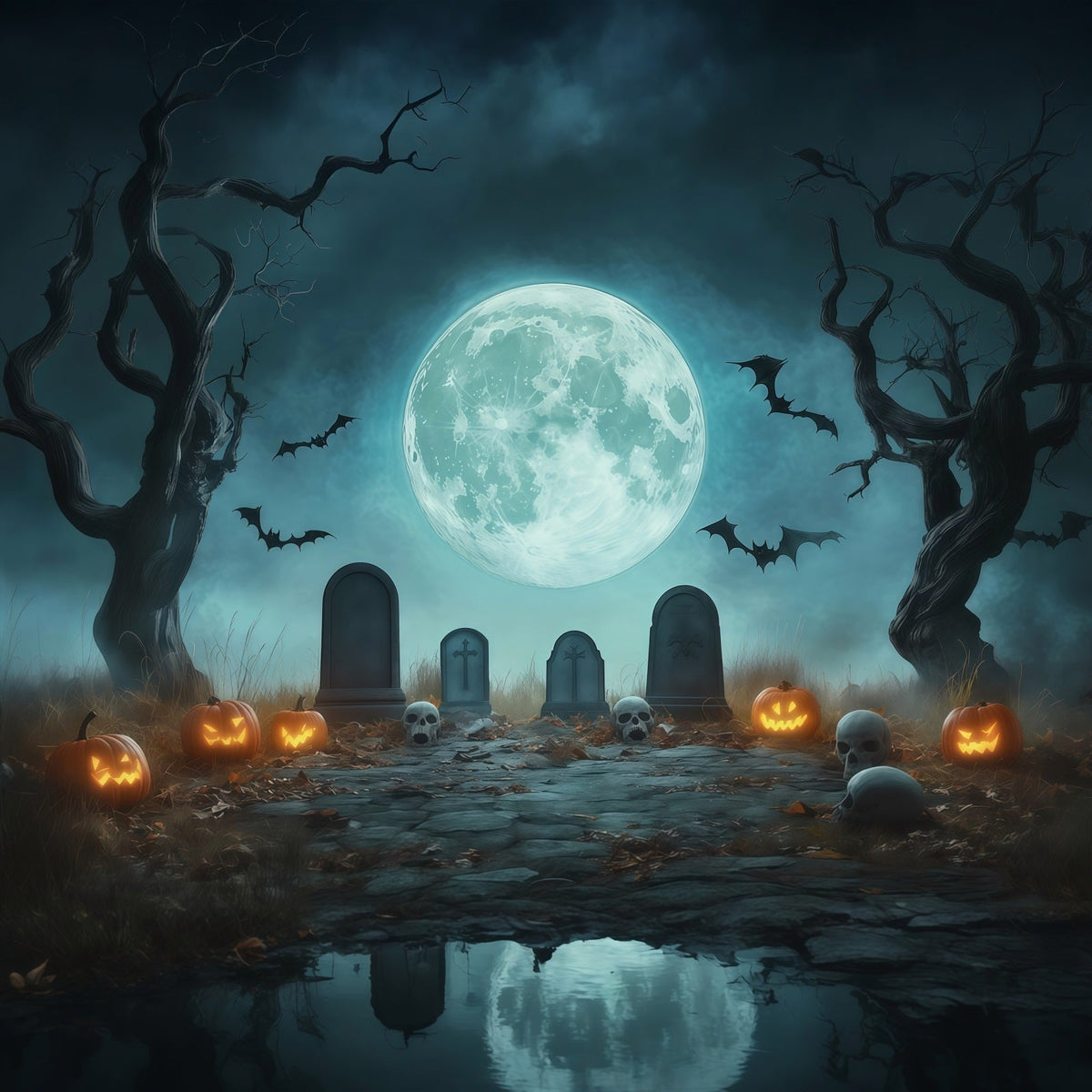 Décor De Cimetière D'Halloween Avec Citrouilles Au Clair De LuneChemin De Cimetière Cabine RR67-72