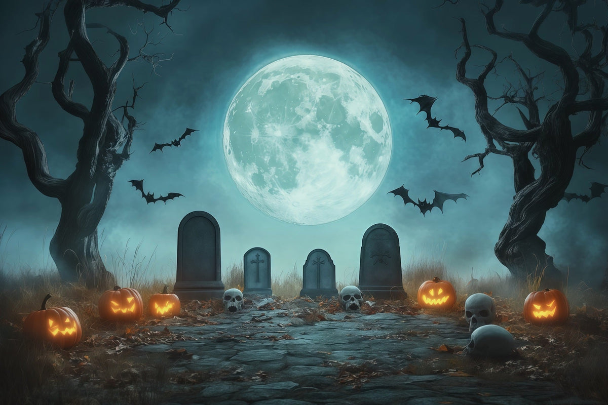 Décor De Cimetière D'Halloween Avec Citrouilles Au Clair De LuneChemin De Cimetière Cabine RR67-72