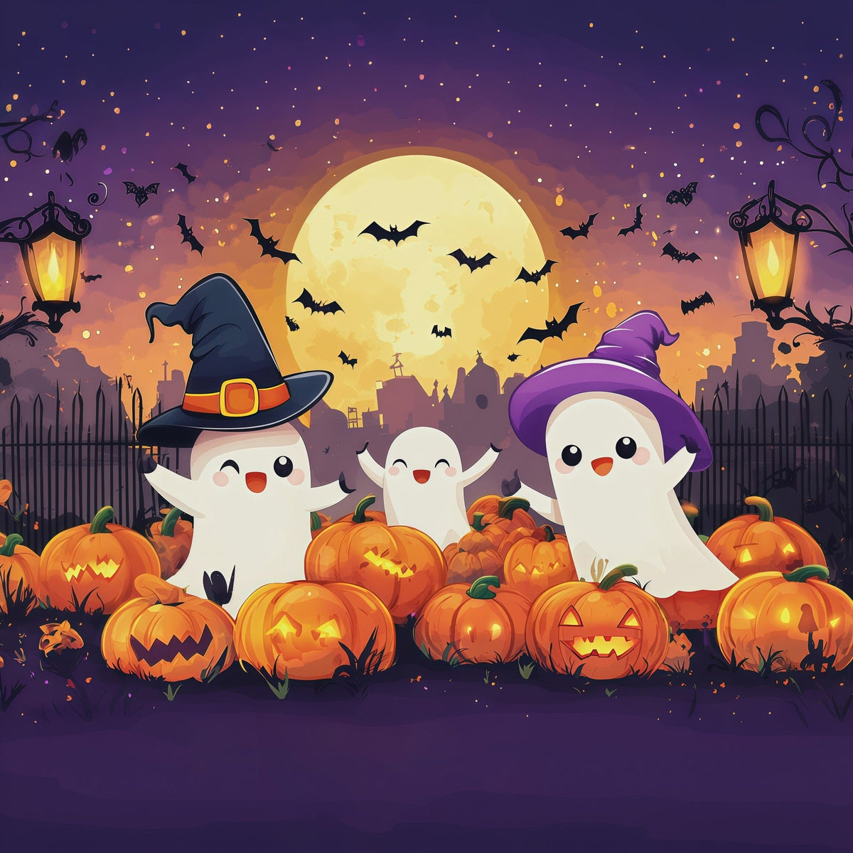 Décor D'Halloween Pour Photomaton Champ De Citrouilles Et Fantômes MignonDécor D'Halloween Mignon RR67-73