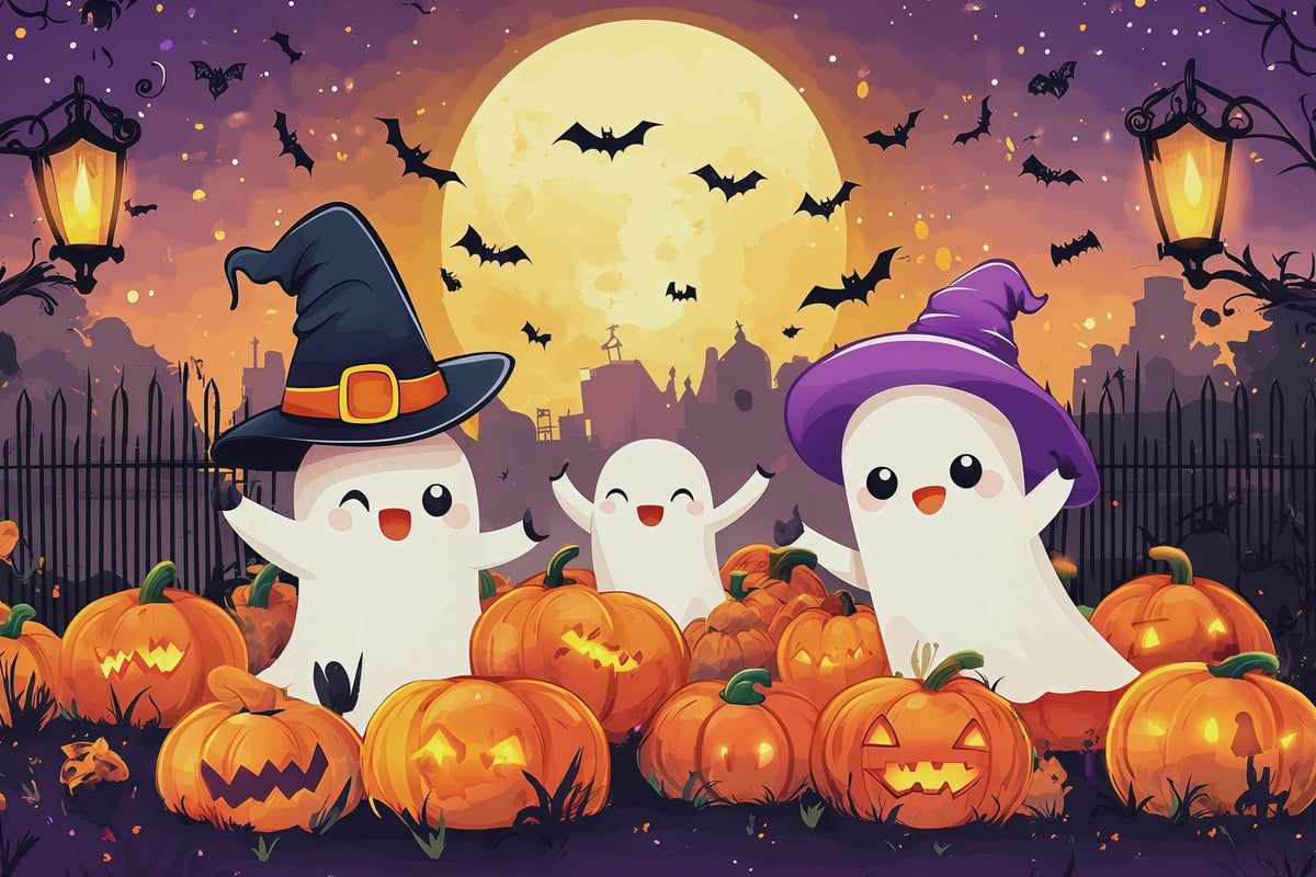 Décor D'Halloween Pour Photomaton Champ De Citrouilles Et Fantômes MignonDécor D'Halloween Mignon RR67-73