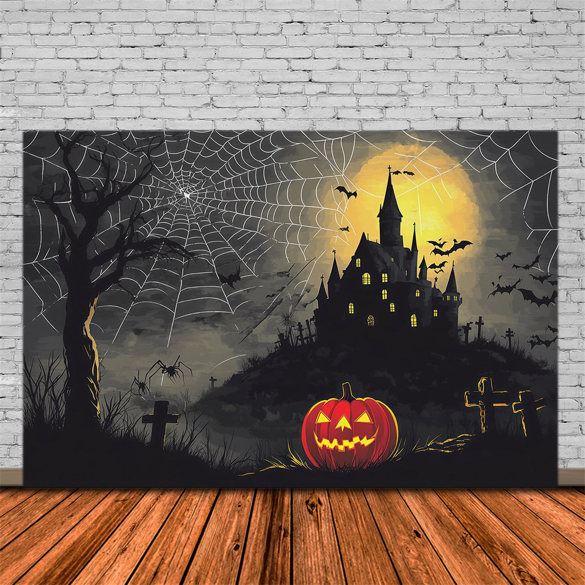 Décor D'Halloween Effrayant Toile D'Araignée Château Citrouille Nuit Effrayante RR67-74